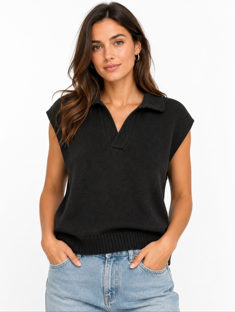 ZARA Knit Sleeveless Sweater Vest Black Size M Collared Minimalist Layering Top